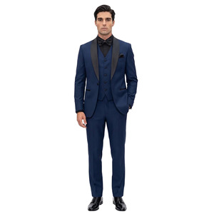 <b>Men's</b> Navy Blue Breathable Polyester Tuxedo Suit <b>Black</b> Lapels Single Breasted Vest Bow <b>Tie</b> British Style Formal Wear for Adults - Product Image 1