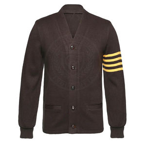 Cardigan en acrylique marron tricoté à col en V avec rayures jaunes sur les manches, pull unisexe coupe classique pour l'école et le collège - Product Image 1