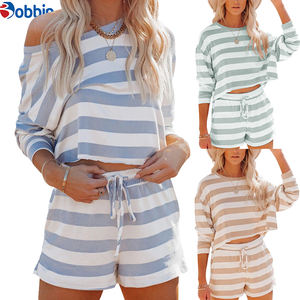 ชุดเซ็ตฤดูร้อนลายทางพิมพ์โลโก้ตามสั่ง คอกลม แขนยาว ชุดลำลองใส่สบายๆ ชุดนอนผ้าถักสำหรับผู้หญิง ผ้าฝ้าย - Product Image 6