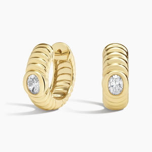 Bezel-Set Oval Cut Diamond Ribbed <b>Hinged</b> <b>Hoop</b> <b>Earrings</b> - Product Image 1