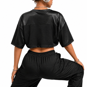 Camiseta Corta de Fútbol Americano Personalizada para Mujer, Negra, de Malla, con Parches de Satén, Manga Corta, OEM, ODM, Venta al Por Mayor - Product Image 3