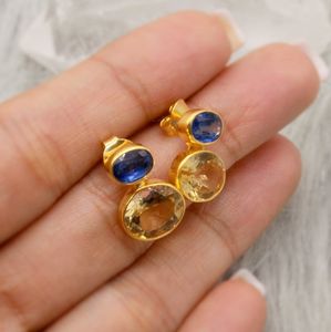 ต่างหูสตั๊ด Citrine และ kynite-ทรงกลมพลอย925เงินแท้ต่างหูเหลี่ยมเพชรพลอยมินิมอล - Product Image 2