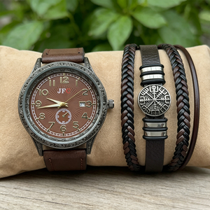 Ensemble de 2 montres à quartz imperméables pour hommes en marron avec bracelet en cuir magnétique, ensemble de montres tendance pour hommes - Product Image 2