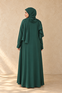 Mishkat Couture - Elegante Abaya Maxi de Gasa Verde Esmeralda con Hijab a Juego, Puños con Cremallera y Lazos para los Dedos, para Mujeres Musulmanas, Modesta, Islámica - Product Image 4