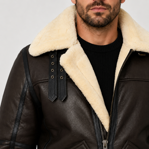 <b>Men</b>’s Classic Shearling Leather Motorcycle <b>Jacket</b> with Fur Trim, Buckle Straps and Vintage Aviator Design - Product Image 5