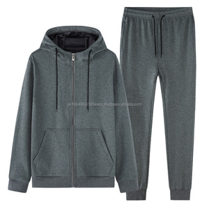 Ensemble de survêtement décontracté pour homme, sweat-shirt à capuche, veste zippée, uni, épais, polaire, jogging - Product Image 1