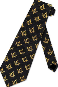 Corbata masónica clásica de seda negra con estampado del símbolo masónico en oro, tejido satinado, para uso formal de negocios y otros propósitos. - Product Image 1