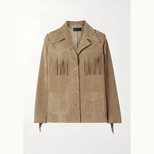 White <b>Fringed</b> Safari <b>Jacket</b> Cow <b>Suede</b> Turn-down Collar Full Sleeve Autumn Style Single Button Regular Length - Product Image 6