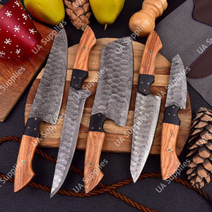 Ensemble de 5 couteaux de chef pour barbecue en acier Damas, faits à la main, à lame pleine, forgés à la main, manches en bois de bourrache d'olivier, style japonais, avec étui en cuir - Product Image 4