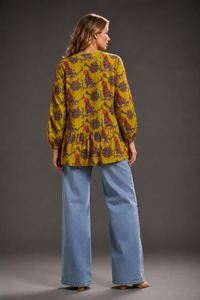 Blusa peplum de seda amarilla bordada a mano, estampado Madhubani, adornos de lentejuelas y cuentas, varios colores. - Product Image 2