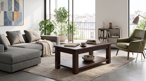 Table basse rectangulaire en chêne massif brun avec étagère inférieure, mobilier moderne pour salon - Product Image 3