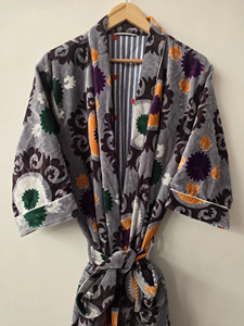 Exquisite Hand-Embroidered Suzani Velvet Kimono Robe Luxury Eco-Friendly Breathable Grey Velvet Long <b>Duster</b> Coat Bohemian Summer - Product Image 6