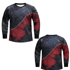Camiseta de paintball vintage estilo denim desgastado, sublimación, color granate y azul marino, ropa de equipo, transpirable, de malla, manga larga - Product Image 1
