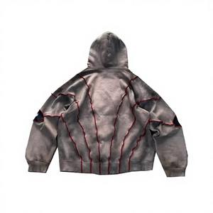 Sweat-shirt Homme Vintage Patchwork 100% Coton Zippé Oversize Imprimé Animal Streetwear Survêtement Épais Y2K Court Délavé - Product Image 6