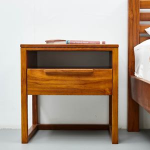 Mesa de Noche Moderna y Elegante de Madera de Teca Indonesia con un Cajón de Almacenamiento y un Compartimento Abierto para un Dormitorio Minimalista - Product Image 4