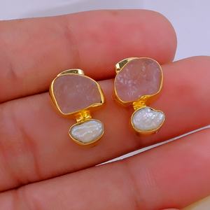 October Birthstone Rose Quartz with Pearl <b>Stud</b> <b>Earrings</b> Gold Plated Brass Channel <b>Set</b> Raw Trendy Women's Jewelry - Product Image 4