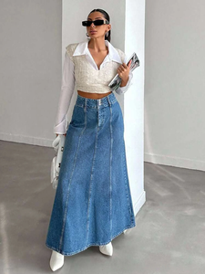 Falda midi larga de mezclilla para mujer, para las temporadas de primavera y otoño. Adecuado para diversas ocasiones como el uso diario, desplazamientos y gira de negocios. - Product Image 4