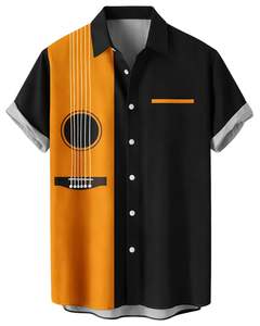 Camisa de Manga Corta con Estampado de Guitarra Negra y Mostaza, Estilo Casual de Verano, para Hombre, Fabricante OEM, Suministro al por Mayor - Product Image 1