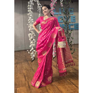 Sari en Soie Douce Rose Elite Weaves avec Bordure Paon Tissée Double Zari, Vêtements Indiens et Pakistanais 0.6g - Product Image 6