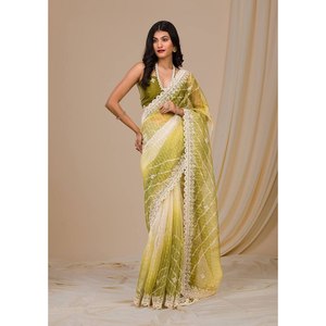 FANTAISIE GEORGETTE SÉQUENCE ET FIL DE TRAVAIL SAREE AVEC CHEMISIER NON COUDU MEHNDI - Product Image 1