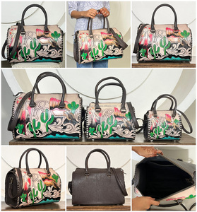 Large Capacity Handcrafted Genuine <b>Leather</b> Cactus Designer Travel Duffel Bags Wholesale Western Style Unisex Weekender Bags - Product Image 3