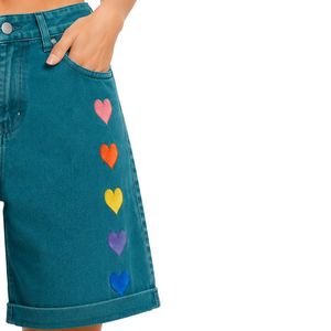 Teal Blue <b>Rainbow</b> Heart Embroidered Women Denim Shorts High Waist Casual Loose Fit Rolled Hem Cotton Summer Fashion Jeans Shorts - Product Image 4