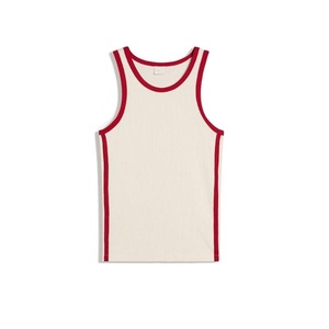 <b>Men's</b> Ribbed Sleeveless Tank Top Cream <b>Red</b> Trim O-Neck Casual Knitted Cotton <b>Vest</b> Solid Color Style - Product Image 5