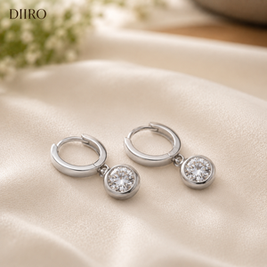 925 Sterling <b>Silver</b> <b>Hoop</b> <b>Earrings</b> Women's Bezel Round Shape Diamond Drop <b>Earrings</b> for Party Wedding - Product Image 1