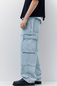 Pantalon cargo en toile bleu clair pour homme, taille mi-haute, plusieurs poches, écologique, respirant, avec cordon de serrage, léger - Product Image 4