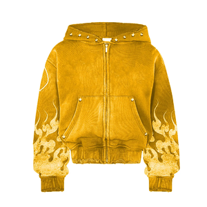Sudadera con capucha y cremallera de pana naranja con estampado de llamas, corte oversize y estilo crop, chaqueta de streetwear hip hop para hombre - Product Image 3