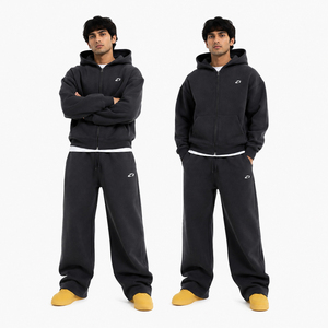 Ensemble de survêtement en molleton noir, sweat à capuche zippé, coupe ample, pantalon de survêtement à jambes larges, 2 pièces, pour homme, hiver, style streetwear, 100% coton, logo personnalisé - Product Image 1