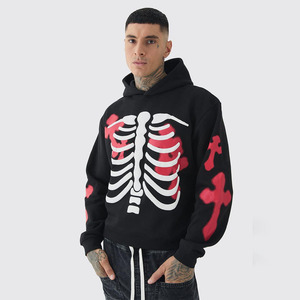 Streetwear Custom Logo Embroidered Zipper-<b>Up</b> Halloween Black Oversize Boxy Skeleton for Hoodies Men Cross 100% Cotton - Product Image 1