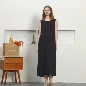 Premium Black O-Neck Sleeveless Linen Cotton Midi <b>Dress</b> <b>Loose</b> Fit Casual Summer <b>Dress</b> With Pockets - Product Image 5