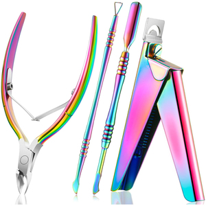 Ensemble de coupe-ongles en acrylique 4 en 1 et pousse-cuticules, outil de soin des ongles, ensemble de coupe-ongles en acier inoxydable, finition arc-en-ciel - Product Image 1