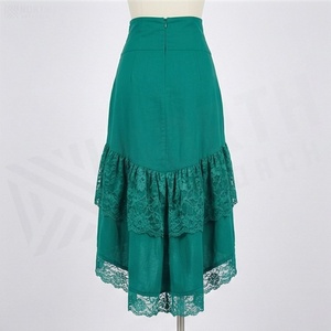 Women High Waist Emerald Green <b>Asymmetrical</b> Lace Skirt Vintage Ruched Ankle-Length Solid Design - Product Image 2