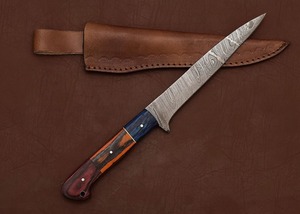 Cuchillo de filetear de acero de Damasco, cuchillo OEM hecho a medida, cuchillo con mango de madera, cuchillo con funda de cuero, cuchillo con hoja de punta caída - Product Image 4