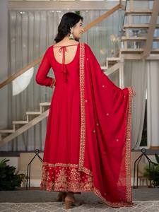 Ensemble Anarkali en coton et polyester brodé rouge, respirant et à séchage rapide, pour femmes, kurta, dupatta, costume indien/pakistanais pour mariage ou fête - Product Image 4