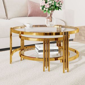 Juego de mesas de centro modernas de 2 piezas con acabado dorado, mesas nido de vidrio texturizado para sala de estar, 32.7 pulgadas - Product Image 2