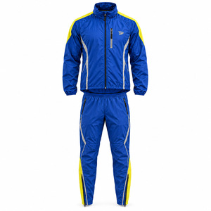 Traje de Calentamiento Amarillo Yoke, Chaqueta y Pantalones de Nylon Reciclado Azul Rey con Espalda Perforada, Traje Deportivo para Hombre con Ribete Plateado - Product Image 1