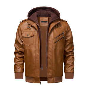 Mens Brown Leather Bomber <b>Jacket</b> Removable Hood Stand Collar <b>Fleece</b> <b>Lined</b> Multi Pocket Casual Motorcycle <b>Jacket</b> - Product Image 1