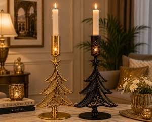 Portavelas Navideño Dorado con Árbol de Navidad en Relieve, Decoración de Mesa Metálica Hecha a Mano, Tema Festivo Tradicional, Arte para Sala de Estar J.M - Product Image 2