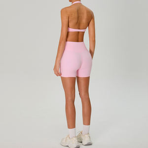 Ensemble 2 pièces sans couture pour femme : short de yoga taille haute et brassière de sport à dos nu, taille élastique, extensible, respirant et séchage rapide - Product Image 1