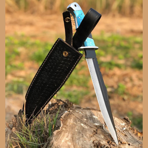 Cuchillo Bowie de Hoja Fija de Acero de Damasco Táctico de Grado Industrial Pasha Enterprises con Mango Turquesa y Punta Caída para Exteriores OEM - Product Image 5
