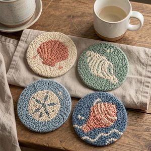 4pcs Seashell Punch <b>Needle</b> Coaster Set, Handcrafted Ocean Yarn Drink Mats - Product Image 3
