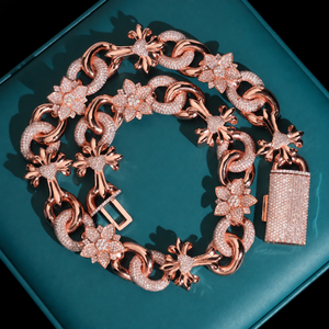 Collier chaîne à maillons fleuris en argent sterling 925 et moissanite, plaqué or, serti micro-pavé, bijoux fins de luxe, cadeau unisexe, pour soirée, lourd - Product Image 1