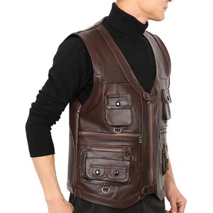 Cowhide Genuine Leather Man Vest <b>Waistcoat</b> Male clothing Jacket Thick Motorcycle Multi Pocket leather biker Men safety vest - Product Image 5