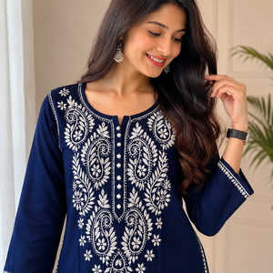 Dark Navy Blue Hand Embroidered Lucknowi <b>Chikankari</b> Straight <b>Kurti</b> Elegant Cotton Ethnic Tunic Top for Women - Product Image 2