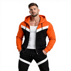 Conjunto Deportivo Informal para Hombre, Sudadera con Capucha en Contraste Naranja y Negro, Chaqueta con Cierre y Pantalones Jogger Ajustados, para Gimnasio y Fitness - Product Image 1