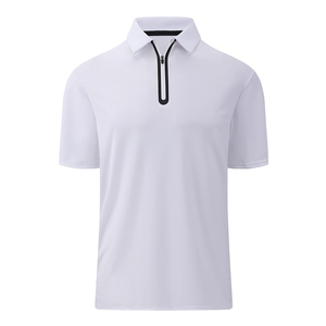 Polo pour homme blanc uni à manches courtes avec fermeture éclair quart de tour contrastante noire et coupe athlétique légère - Product Image 1