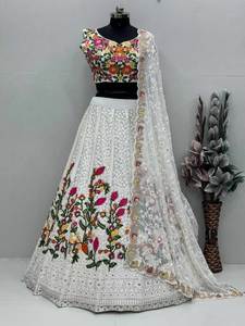 Red Carpet Function Special White Color Fancy Floral Printed Light Weight Elegant Georgette Faux Fur Party <b>Lehenga</b> Choli <b>Women</b> - Product Image 4